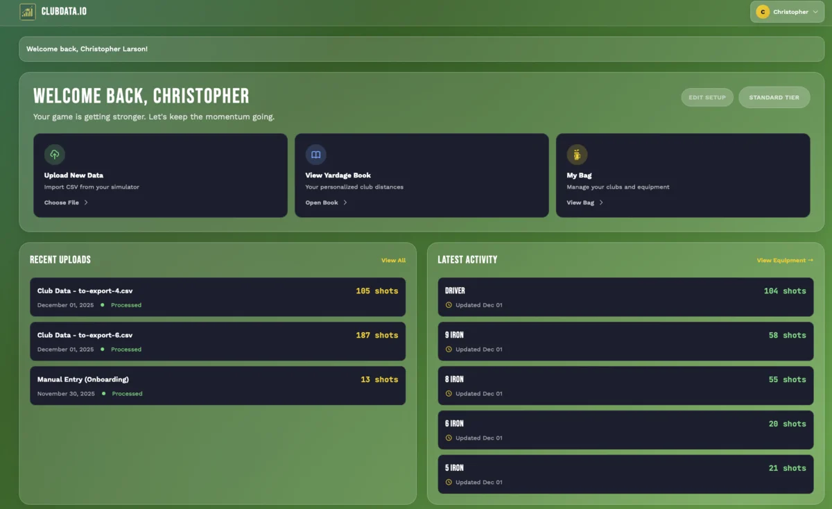 Dashboard showing data uploads, yardage book access, and recent activity