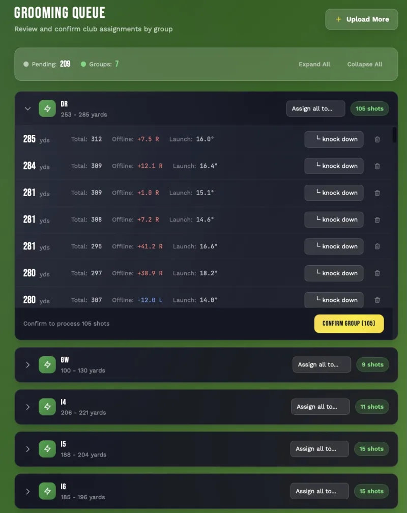 Golf club data grooming interface showing intelligent shot grouping and My Bag club configuration