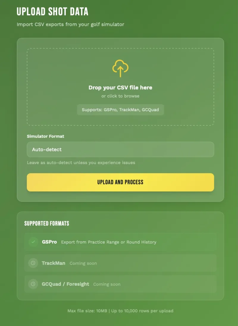 Upload CSV file interface with drag and drop zone for golf simulator data from GSPro, TrackMan, and GCQuad
