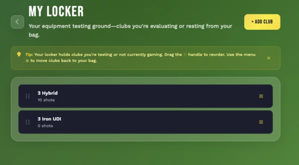 My Locker interface showing clubs stored for testing or resting