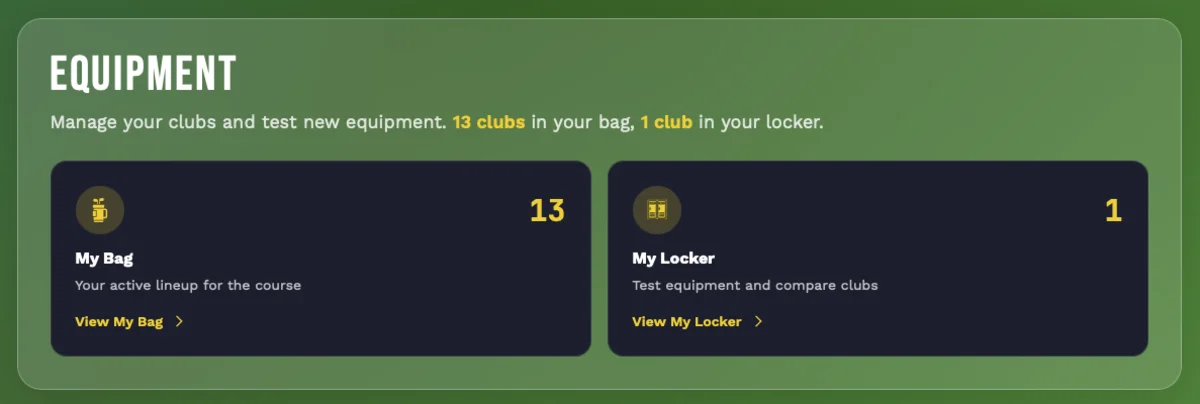 Equipment management dashboard showing My Bag and club configuration