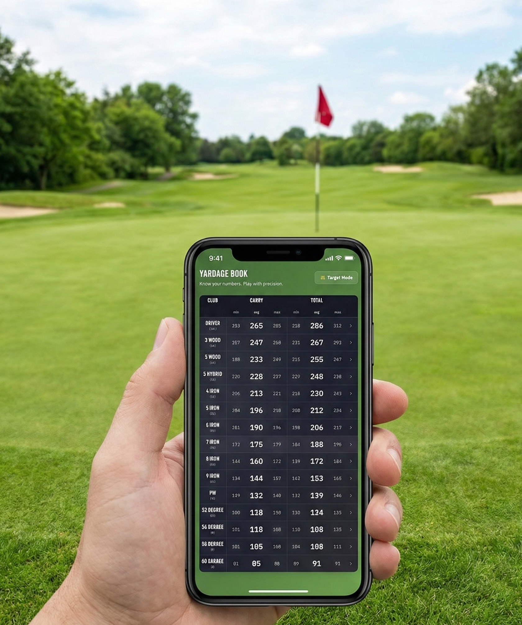 Digital yardage book app on mobile phone showing club distances on a golf course