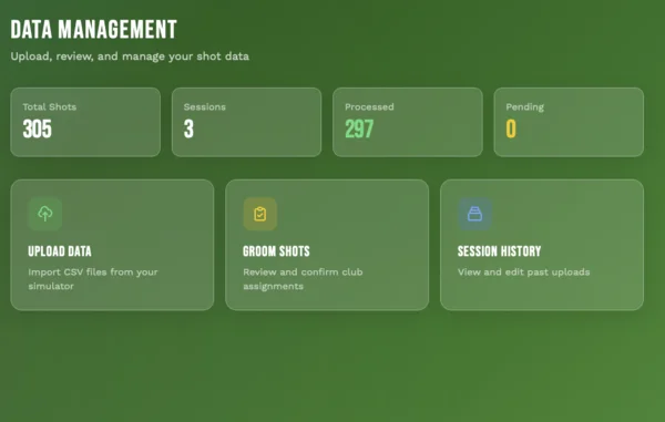 Data management dashboard showing total shots, sessions, and upload history